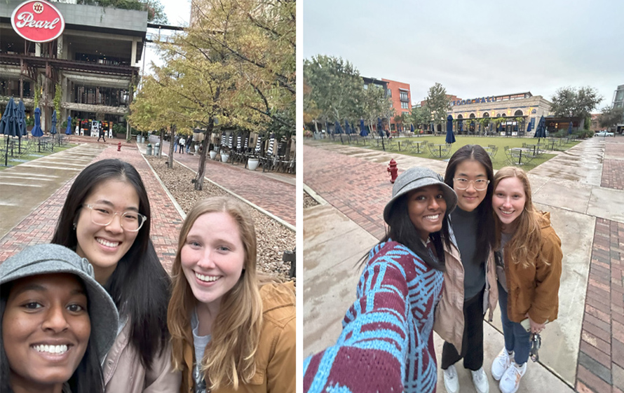 From left to right: Trinity students Anna King, Erin Jiang and Lauren Dotson visit the Pearl District in San Antonio.