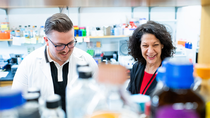 Postdoctoral researcher Frank Santoriello (left) works alongside Bonnie Bassler in her lab at Princeton University.