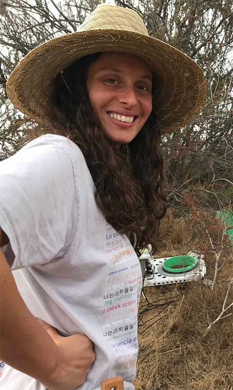 Environmental microbiologist Emma Aronson poses for a photo during recent fieldwork. Along with Lo, Aronson has been studying what exactly in the Salton Sea dust is making people ill with an asthma-like disease.