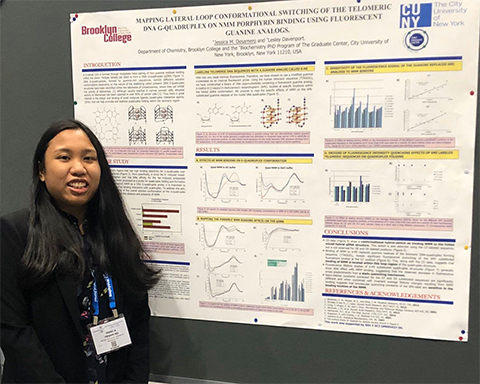 Jessica Desamero at a poster presentation when she was a grad student. A graduate of the biochemistry Ph.D. program at the City University of New York, Desamero is now an adjunct professor at the York College of the City University of New York.