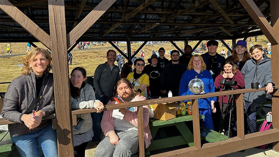 Landmark College students, faculty and staff inside the designated “sunflower” pavilion in Newport, Vermont, on the day of the eclipse.