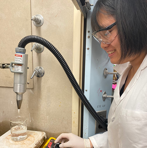 Fan Bu, a Ph.D. student at the University of Minnesota, uses cold plasma jet technology on pea protein isolate to eliminate contamination and improve solubility.