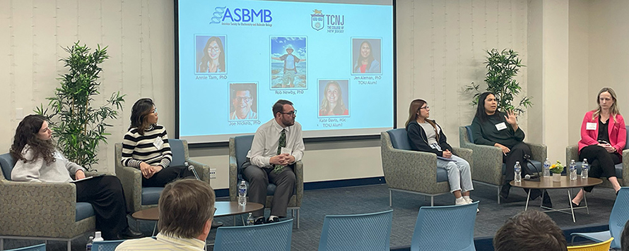 Pictured during the panel portion of the event are, from left, Jacqueline Kestenbaum, a biology major at The College of New Jersey; Annie Tam from regulatory affairs at Bristol-Myers Squibb; Robert Newby from the New Jersey Department of Environmental Protection; Nancy Dominguez, a biology major and secretary of the TCNJ ASBMB Student Chapter; Jennifer Aleman, a science grant writer at TCNJ; and Kate Davis, a field marketing manager at Dow Chemical.