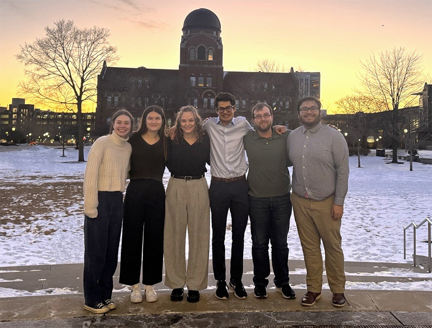 Loyola University Chicago ASBMB Student Chapter 2024-2025 executive board members pose for a photo on Loyola University Chicago’s Lakeshore Campus in 2025. From left to right: Katherine Summers, Gabriella Rant, Madeline Ganshert, Jack Ratz, Logan Wobschall and Alex Reina.