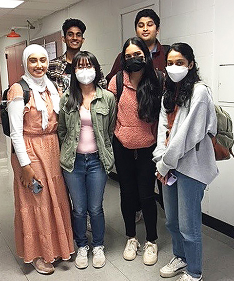 Students in Alice Liu’s lab include, in back, Praneet Paruchuri and Sachin Mysore and, in front, Myera Mlan, Kaylie Lam, Amala Mathew and Rida Shah. Mysore and Paruchuri are co-authors of the lab’s 2023 ACS Chemical Neuroscience paper, and Mathew is a co-author a recently published book chapter.