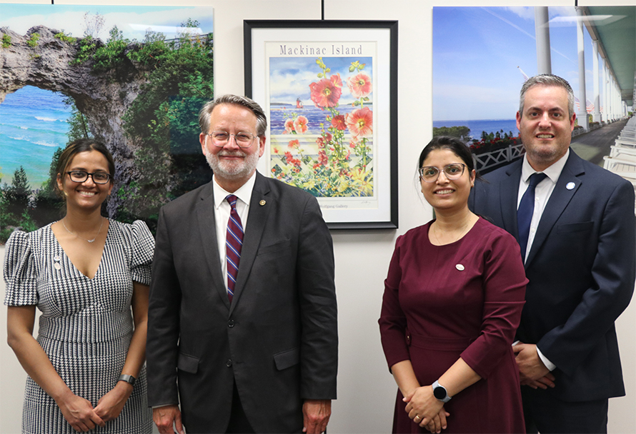 ASBMB Advocacy Training Program delegate Isha Verma, left, attends ASBMB Capitol Hill Day in May 2024 with fellow ATP delegate Nidhi Shukla, second from right, and Public Affairs Advisory Committee member Rick Page, right. The group met with U.S. Senator Gary Peters (D-Mich.), second from left, to discuss the importance of fundamental scientific research funding.