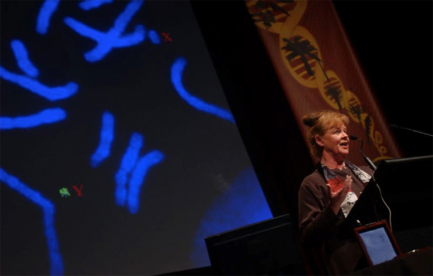 Graves ‍gives a lecture. A slide of marsupial‍ chromosomes is projected in the ​background.