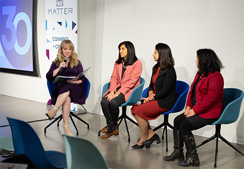 Nicole Woitowich, left, interviews Vineet Arora, Shikha Jain and Annabelle Volgman at a panel discussion on women’s health in January 2024.