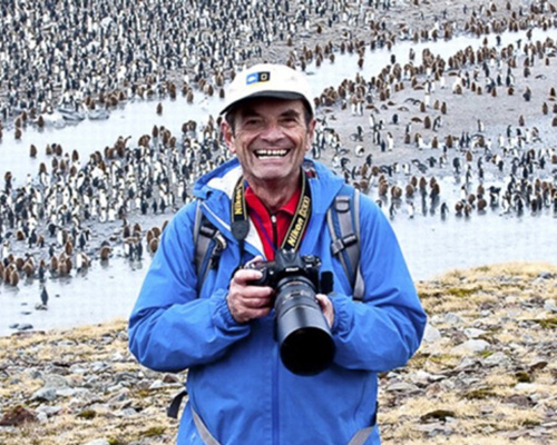 photo of Lubert Stryer with camera standing in front of thousands of penguins
