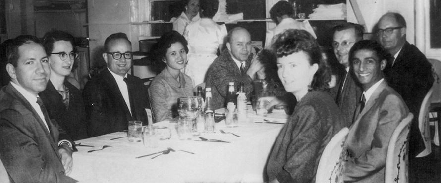 Attending the UCLA biochemists’ dinner at the 1962 Pacific Slope Biochemistry Conference in Seattle were, clockwise from left, Charles West, Margaret Holzer, Garth Reith, Atsuko Fujimoto, Leland Shannon, Roberts Smith, Daniel Atkinson, Joseph Pinto and Audree Fowler.