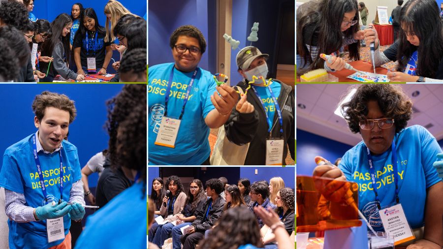 Clockwise from top left: San Antonio area high school students kick off Community Day with the Escape the Cell challenge. Sebastian Sauceda and Kelly Serrano, students at John Jay Science and Engineering Academy, show off their final product, a folded protein, for the Escape the Cell challenge. Two Community Day participants practice pipetting with Edvotek's Pipetting by Numbers SciArt kit. Akeyan Benavidez, a student at St. Philips Early College High School, loads an agarose gel to see how CRISPR-Cas9 cuts a DNA sequence from a genetic mutation. A student from the UT Health San Antonio Voelcker Biomedical Research Academy addresses the Meet a Scientist panelists. ASBMB volunteer Theodore Nelson shows a Community Day participant how to use a pipette.