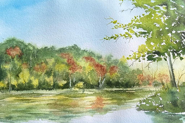 watercolor painting of river and trees